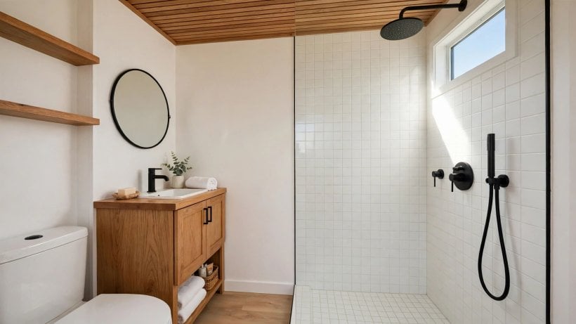 clerestory window tiny house layouts: bathroom sky strip window above a shower