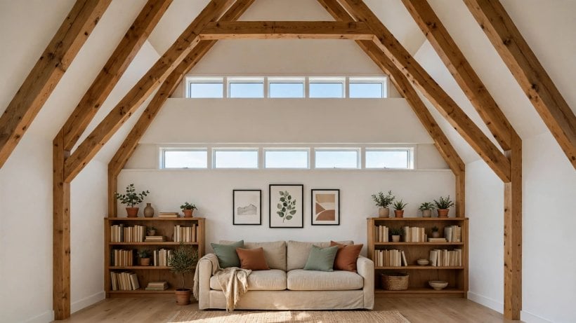 clerestory window tiny house layouts: double-height living wall with two stacked bands