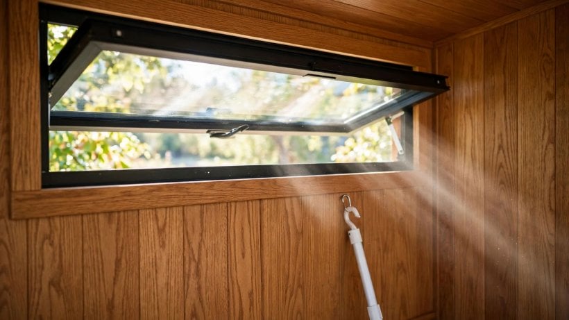 clerestory window tiny house layouts: operable high awning window with pole opener