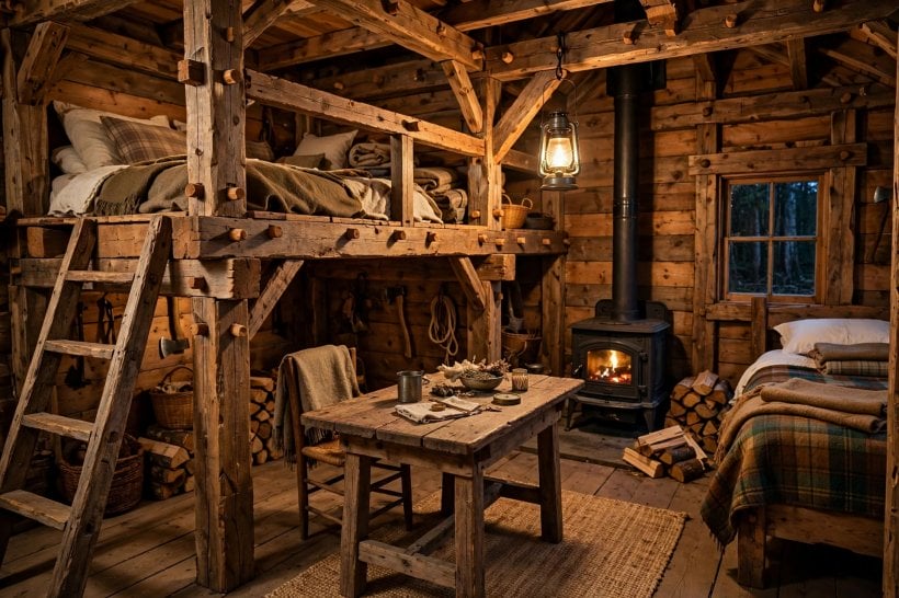 compact cabin floor plans: one-room 16 by 20 homestead interior with exposed timber bents and a sleeping loft