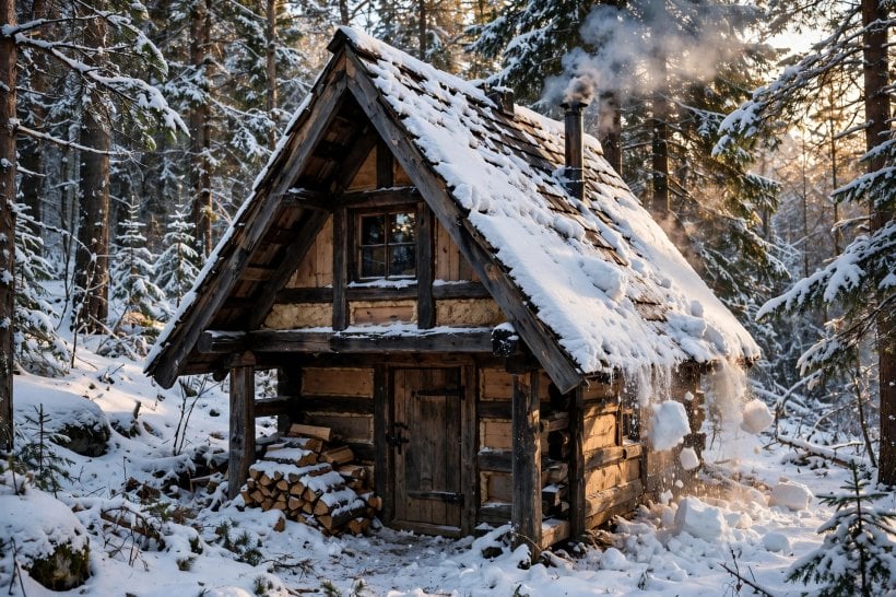compact cabin floor plans: 12 by 16 hunter's cabin with a steep 12/12 roof and full-height sleeping loft in snow