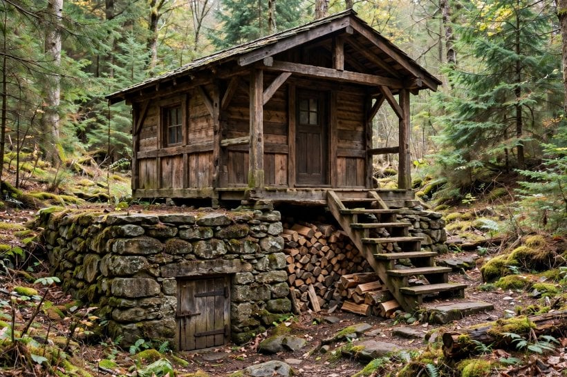 compact cabin floor plans: timber frame cabin on a 3-foot stone foundation with a root cellar below