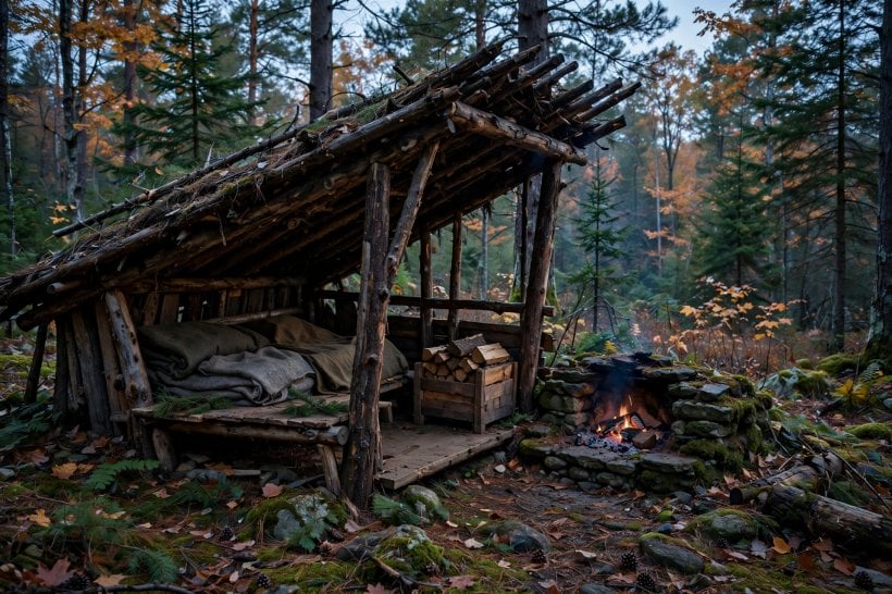 compact cabin floor plans: 10 by 12 Adirondack lean-to shelter with an open front and stone fireplace