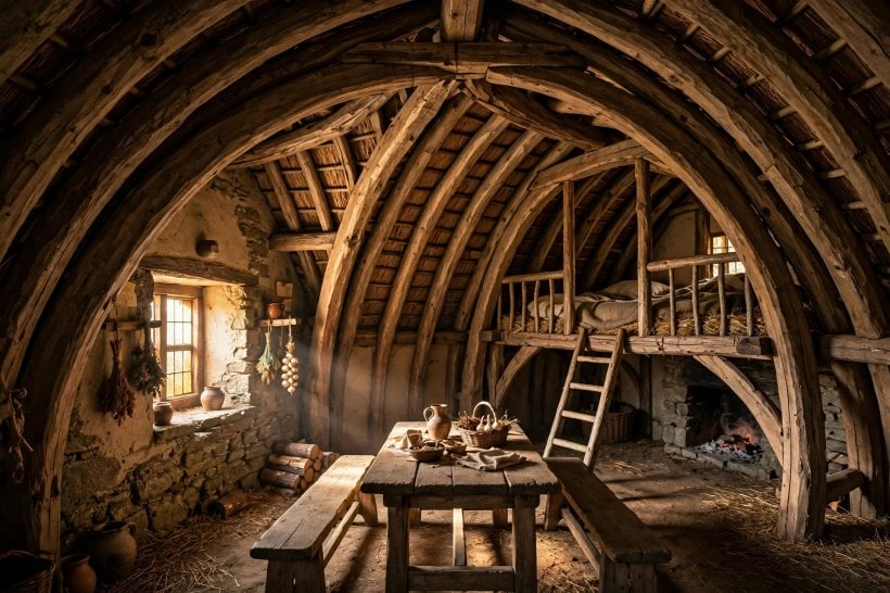 compact cabin floor plans: 14 by 20 cruck frame cottage interior with curved timbers forming a vaulted room