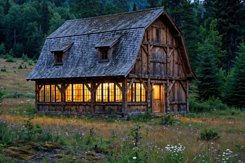 compact cabin floor plans: 16 by 24 gambrel-roof barn cabin with a full second story in the roof
