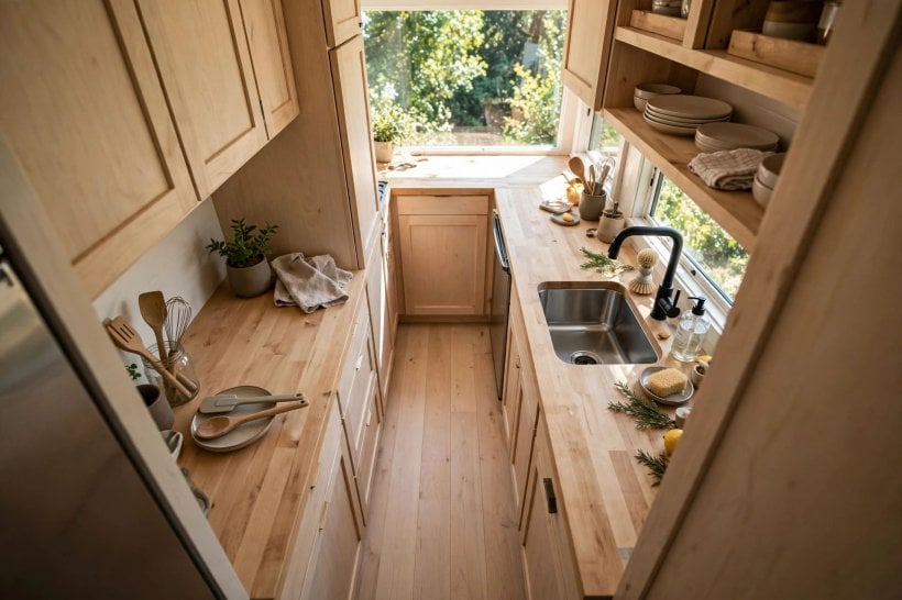 Compact Kitchen Appliances for Tiny Houses: a galley run with every appliance inside the work triangle