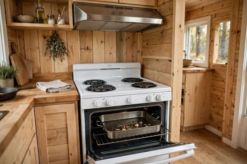 Compact Kitchen Appliances for Tiny Houses: a 24-inch apartment range with a roasting pan in the oven