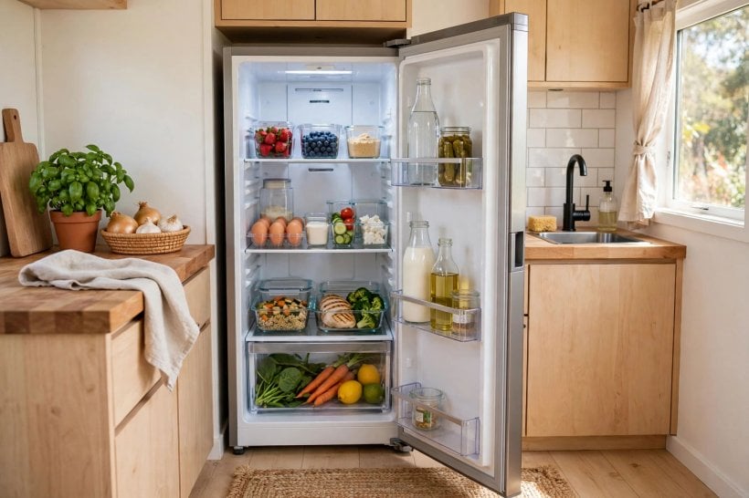 Compact Kitchen Appliances for Tiny Houses: a 10 cu ft apartment fridge loaded with a week of groceries