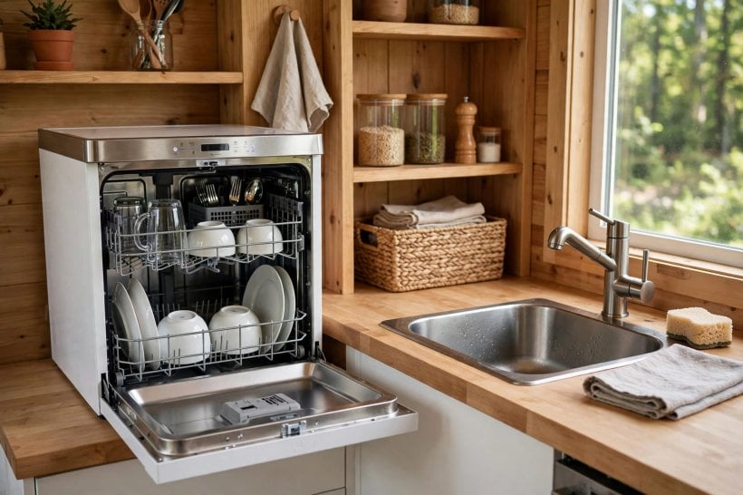 Compact Kitchen Appliances for Tiny Houses: an 18-inch countertop dishwasher beside the sink