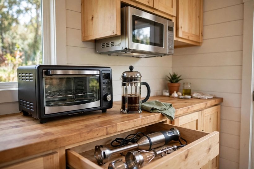 Compact Kitchen Appliances for Tiny Houses: a multi-cooker, microwave and French press earning their counter space