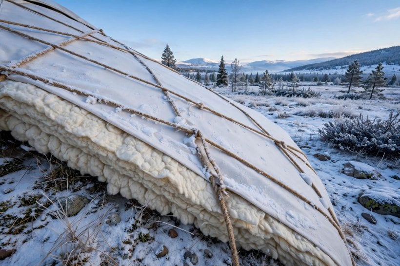 condensation control in yurts: double felt layers hung loosely over the roof of a winter yurt
