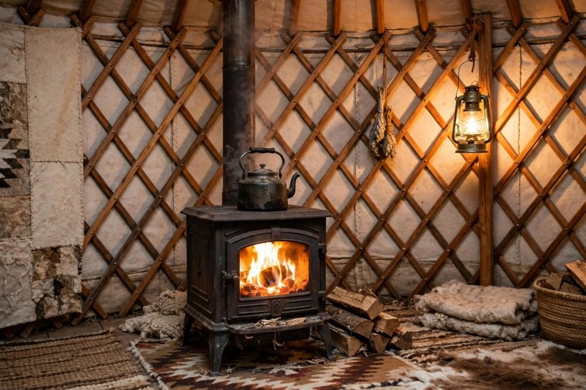 condensation control in yurts: a wood stove burning hot and clean as the yurt's dry heat source