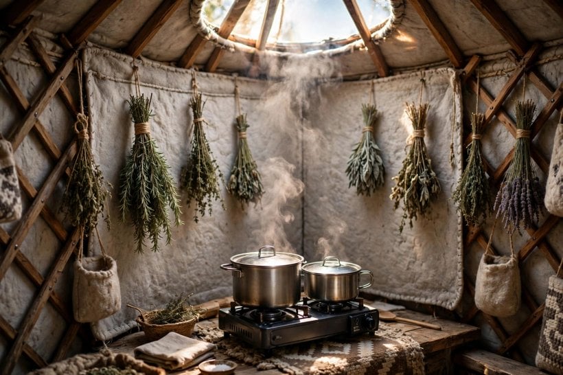 condensation control in yurts: cooking with lids on and the crown vent open so steam escapes instead of soaking the felt