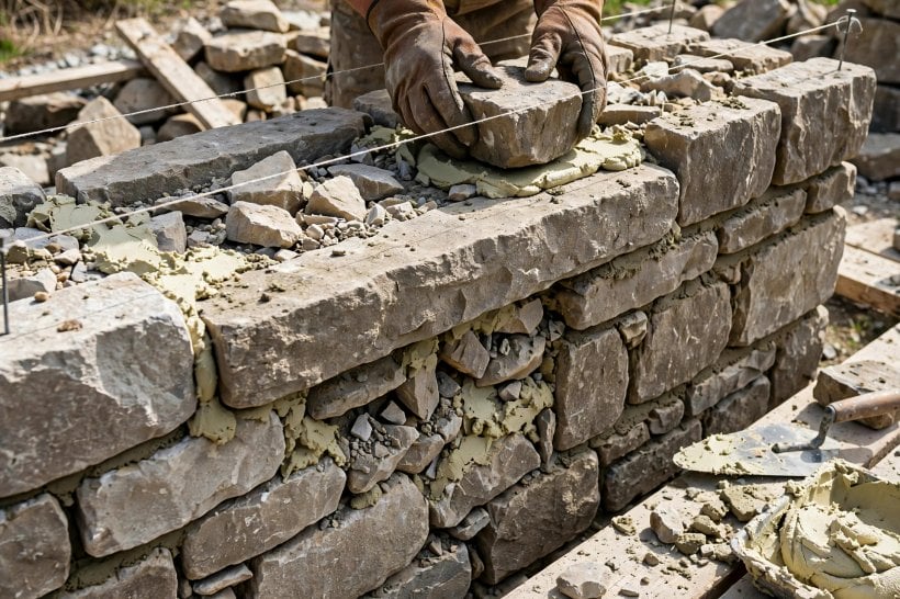 how to construct a tiny stone cottage: a mason laying the two faces of a stone wall with a rubble and mortar core between