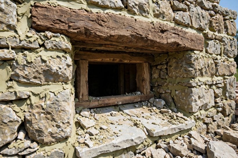 how to construct a tiny stone cottage: a heavy timber lintel spanning a deep-set window opening in a thick stone wall