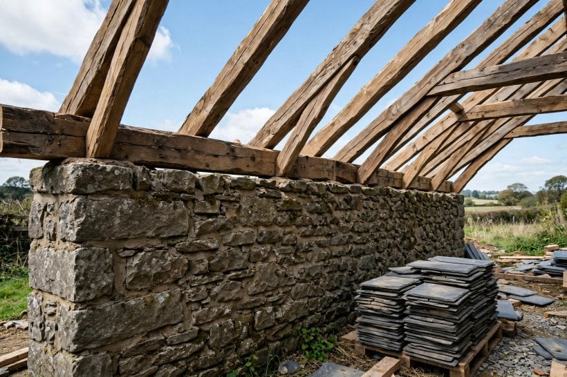 how to construct a tiny stone cottage: timber rafters resting on a wall plate bedded along the top of a stone wall