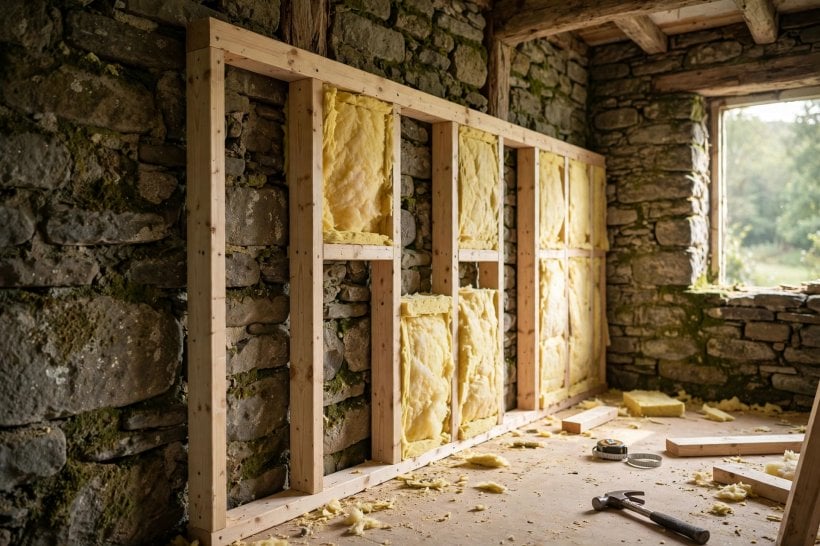 how to construct a tiny stone cottage: a framed and insulated interior wall built inside the stone shell of a cottage