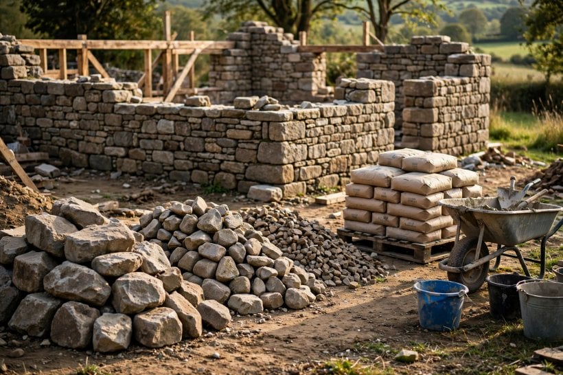 how to construct a tiny stone cottage: sorted piles of fieldstone and bags of lime mortar staged at a cottage build site