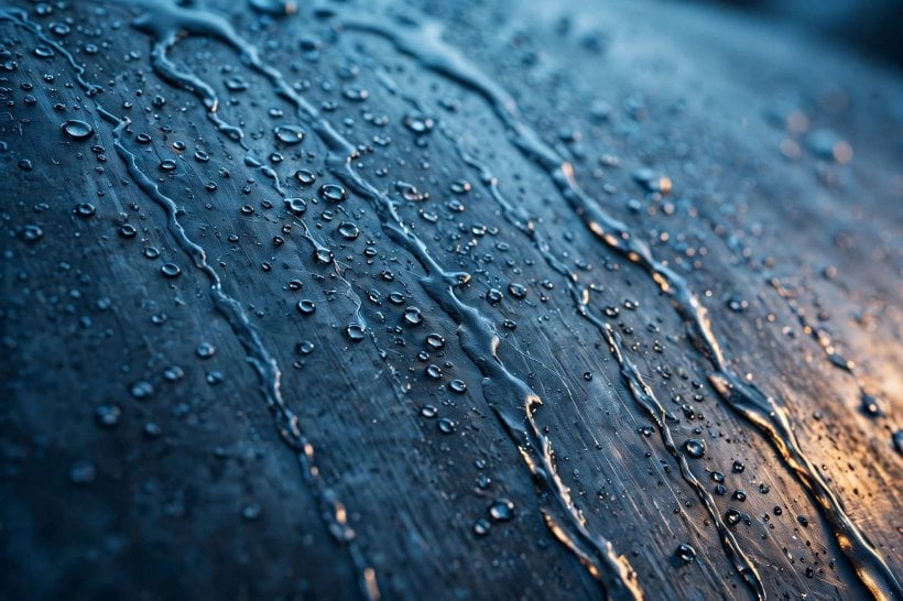 container rain simulator: water droplets condensing and running down a cold steel surface