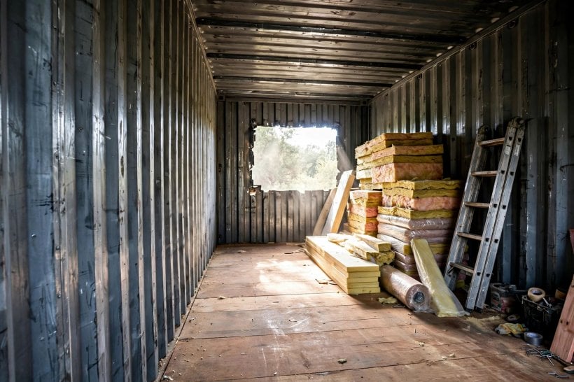 container rain simulator: unfinished shipping container interior with exposed corrugated steel walls
