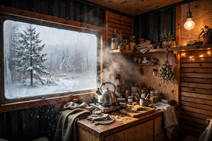 container rain simulator: tiny container home kitchen with a steamed-up window and moisture in the air