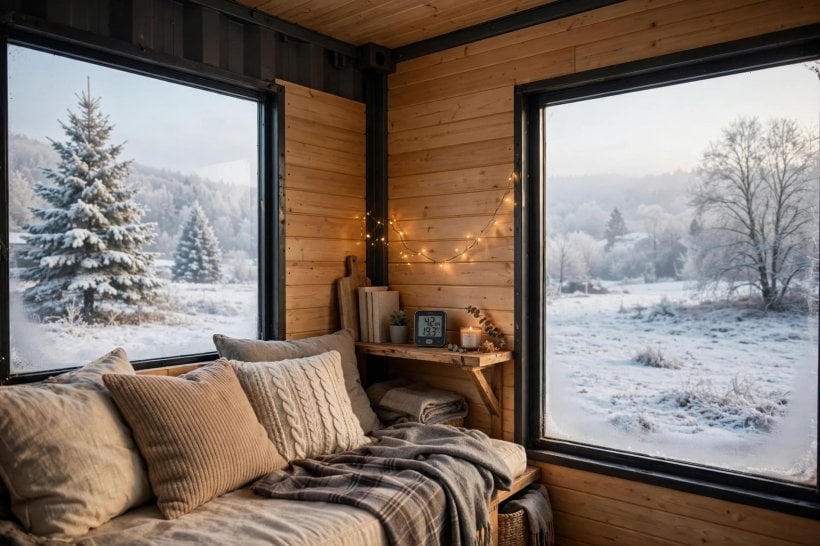 container rain simulator: warm, dry finished container tiny house interior on a frosty morning