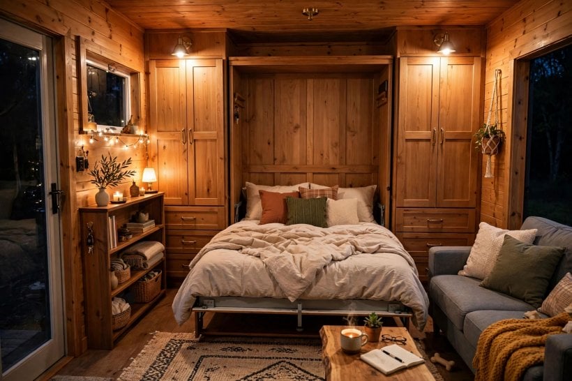 convertible furniture tiny house plans: queen Murphy bed folded down from a wooden wall unit with side wardrobes
