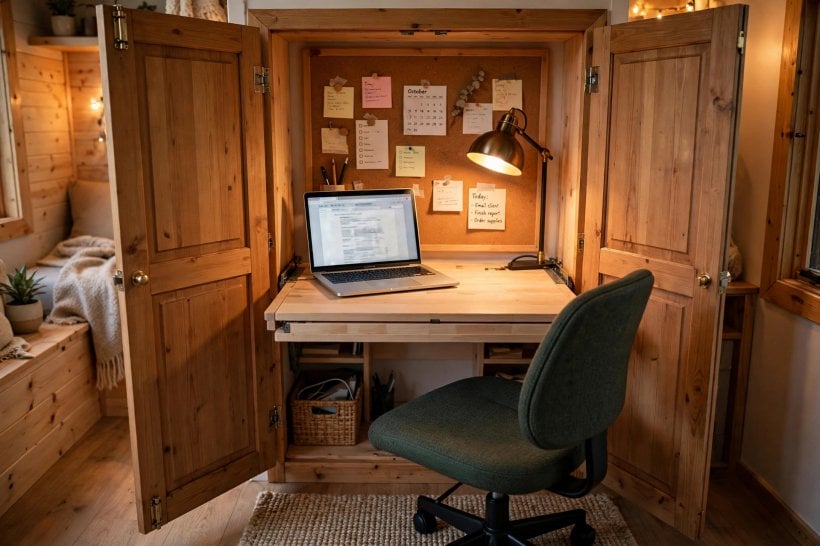 convertible furniture tiny house plans: fold-down desk and corkboard inside a finished closet office