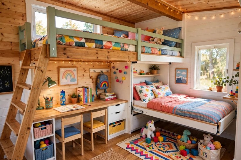 convertible furniture tiny house plans: loft bunk with a desk and play zone underneath in an 80 sq ft kids room
