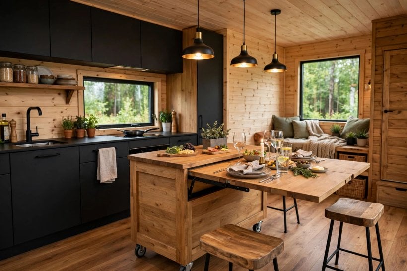 convertible furniture tiny house plans: kitchen island on locking casters with its flip top opened into a dining table