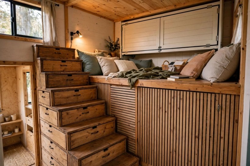 convertible furniture tiny house plans: storage stairs with a drawer in every tread climbing to a loft lounge