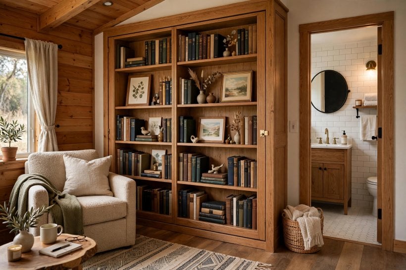 convertible furniture tiny house plans: closed wall bed with a bookshelf face in a guest living room