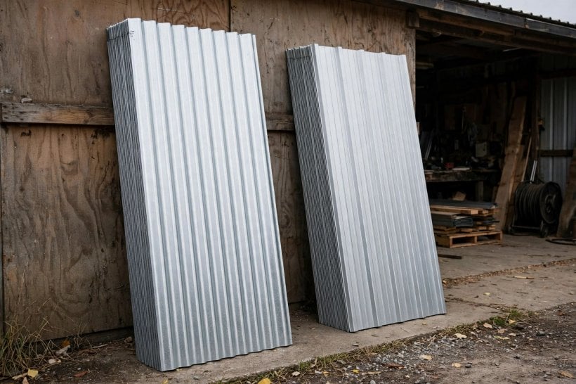 corrugated metal siding: fresh corrugated and box rib panels stacked ready to install