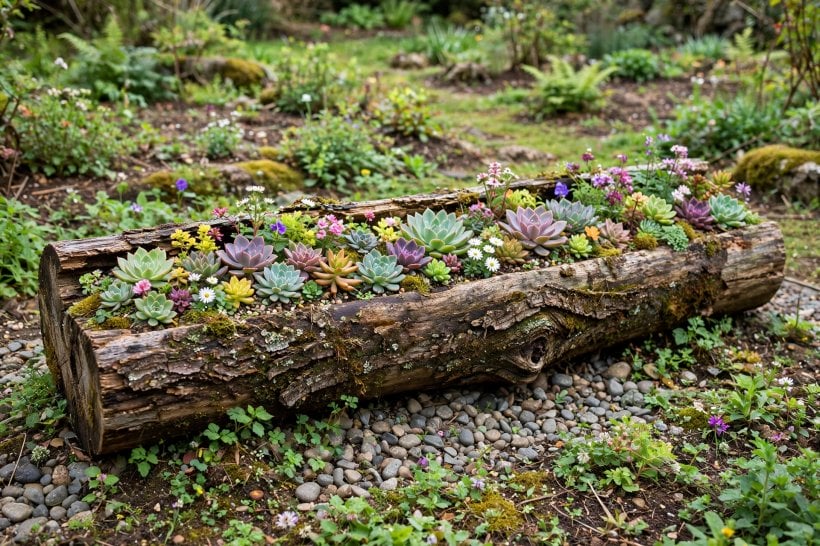Creative Log Planters: a hollowed horizontal log trough planted with succulents on a gravel bed