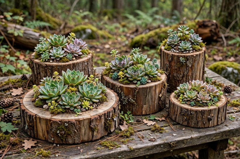 Creative Log Planters: log slices and rounds at varied heights forming a succulent colony