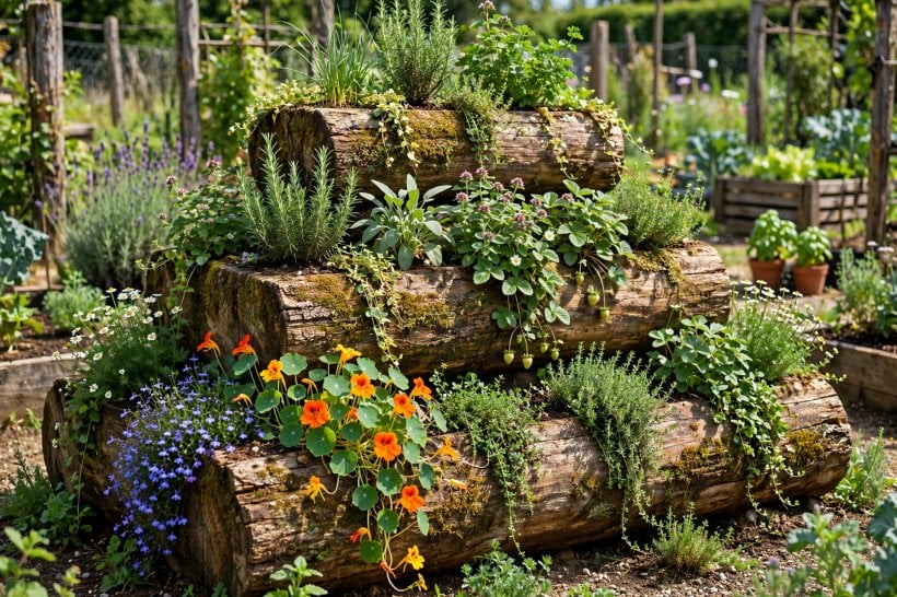 Creative Log Planters: a tiered log tower planted with herbs, strawberries and trailing flowers