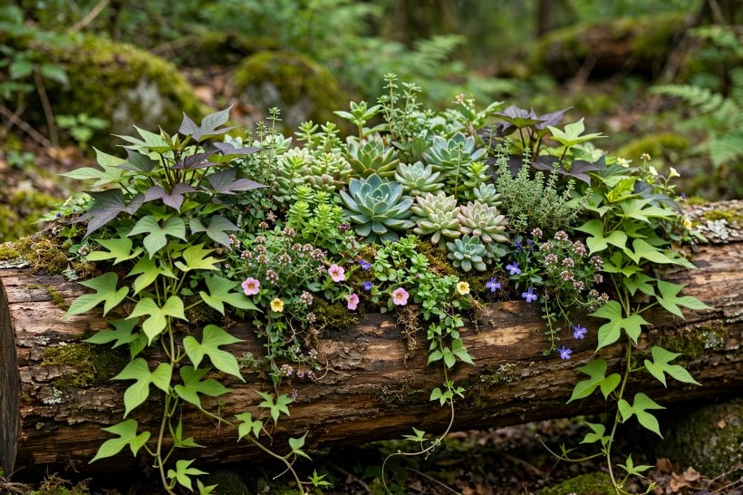 Creative Log Planters: succulents, sweet potato vine and thyme spilling over a log's edge