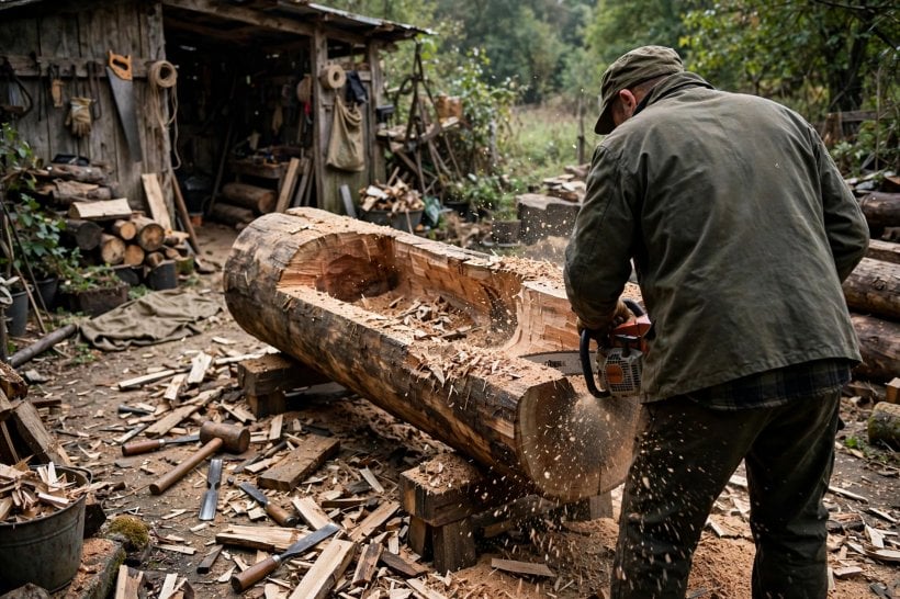 Creative Log Planters: hollowing a log trough with a chainsaw and chisels