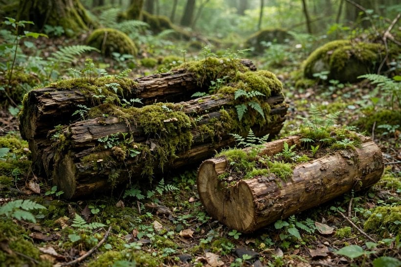 Creative Log Planters: a moss-covered ageing log planter becoming a nurse log beside a fresh one