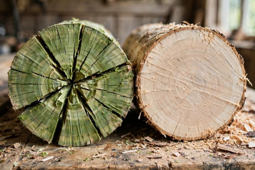 Cure and Dry Wood Logs: a deeply checked green log end beside a smooth, evenly cured log end