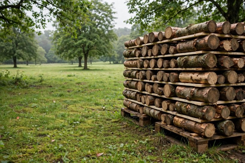 Cure and Dry Wood Logs: logs stacked on pallets with sticker strips separating every layer in a shaded yard