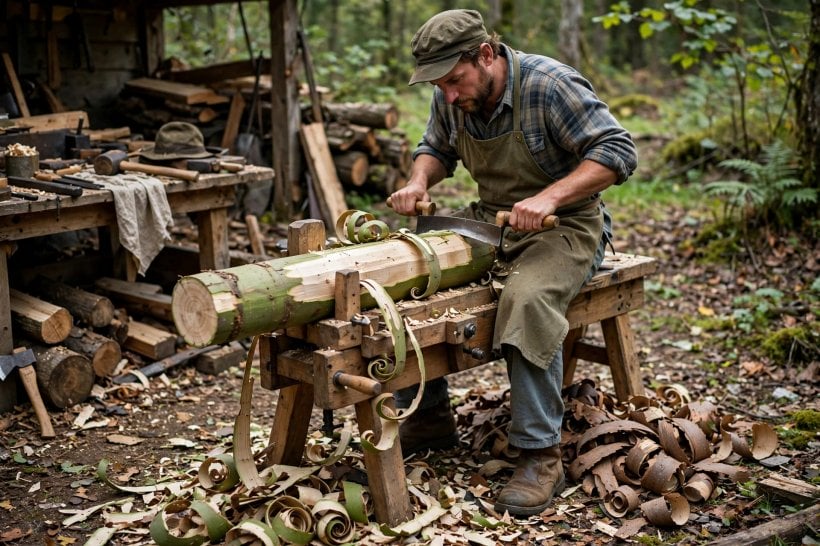 Cure and Dry Wood Logs: peeling bark from a fresh green log with a drawknife on a shaving horse