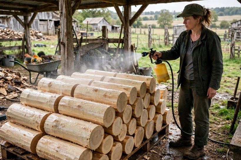 Cure and Dry Wood Logs: spraying borate treatment over freshly debarked green logs under a shelter