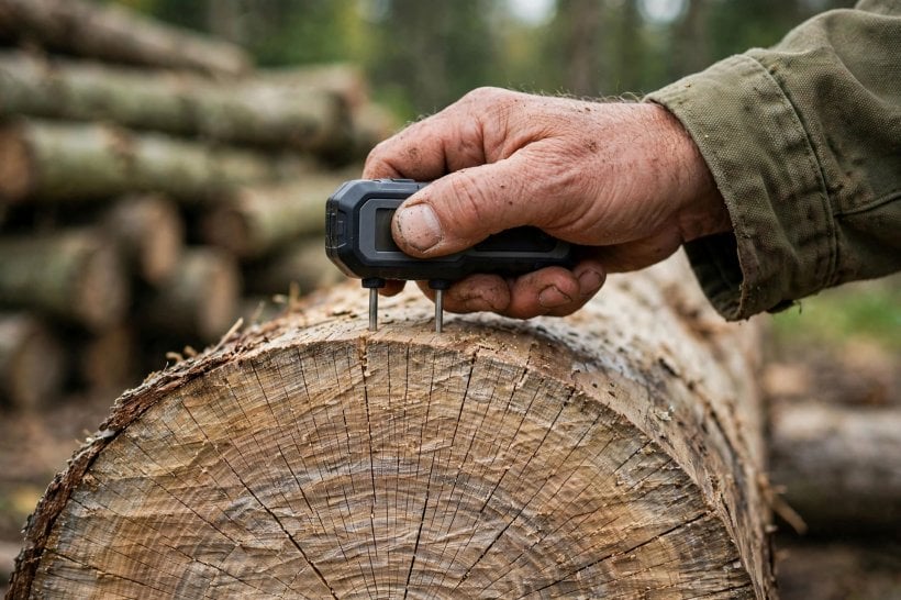 Cure and Dry Wood Logs: a pin moisture meter pressed into the end grain of a drying log