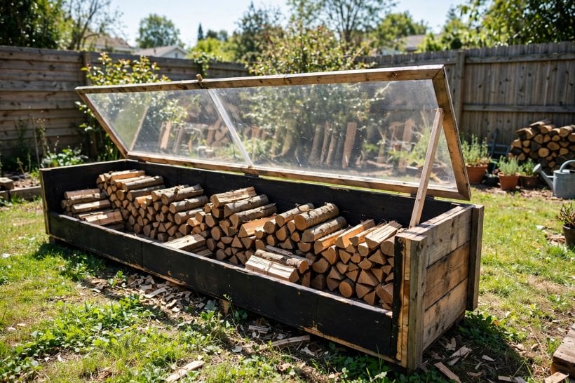 Cure and Dry Wood Logs: a DIY solar kiln with its clear slanted lid open over stacked logs