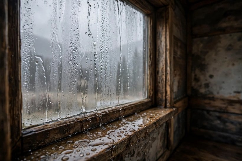 dehumidifier sizing: condensation running down a tiny house window