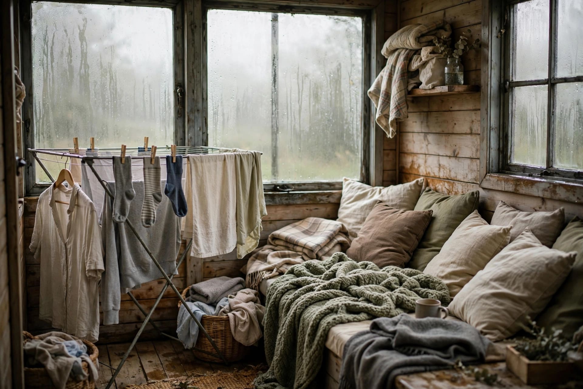 dehumidifier sizing: a clammy tiny house interior with laundry drying indoors