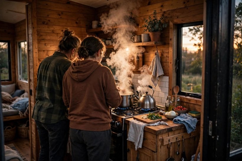 dehumidifier sizing: two people cooking in a tiny kitchen as steam rises