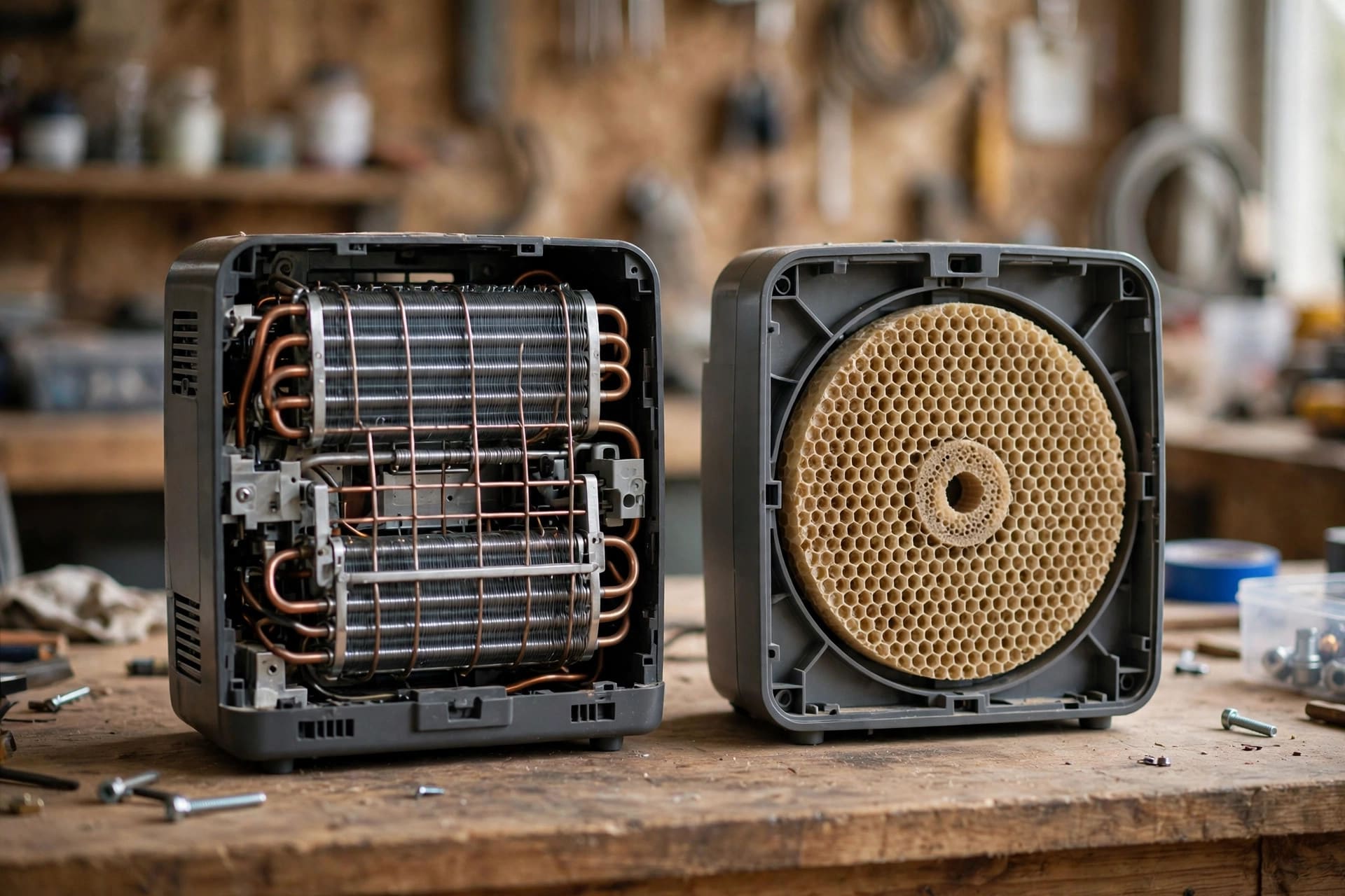 dehumidifier sizing: compressor coils beside a desiccant silica wheel