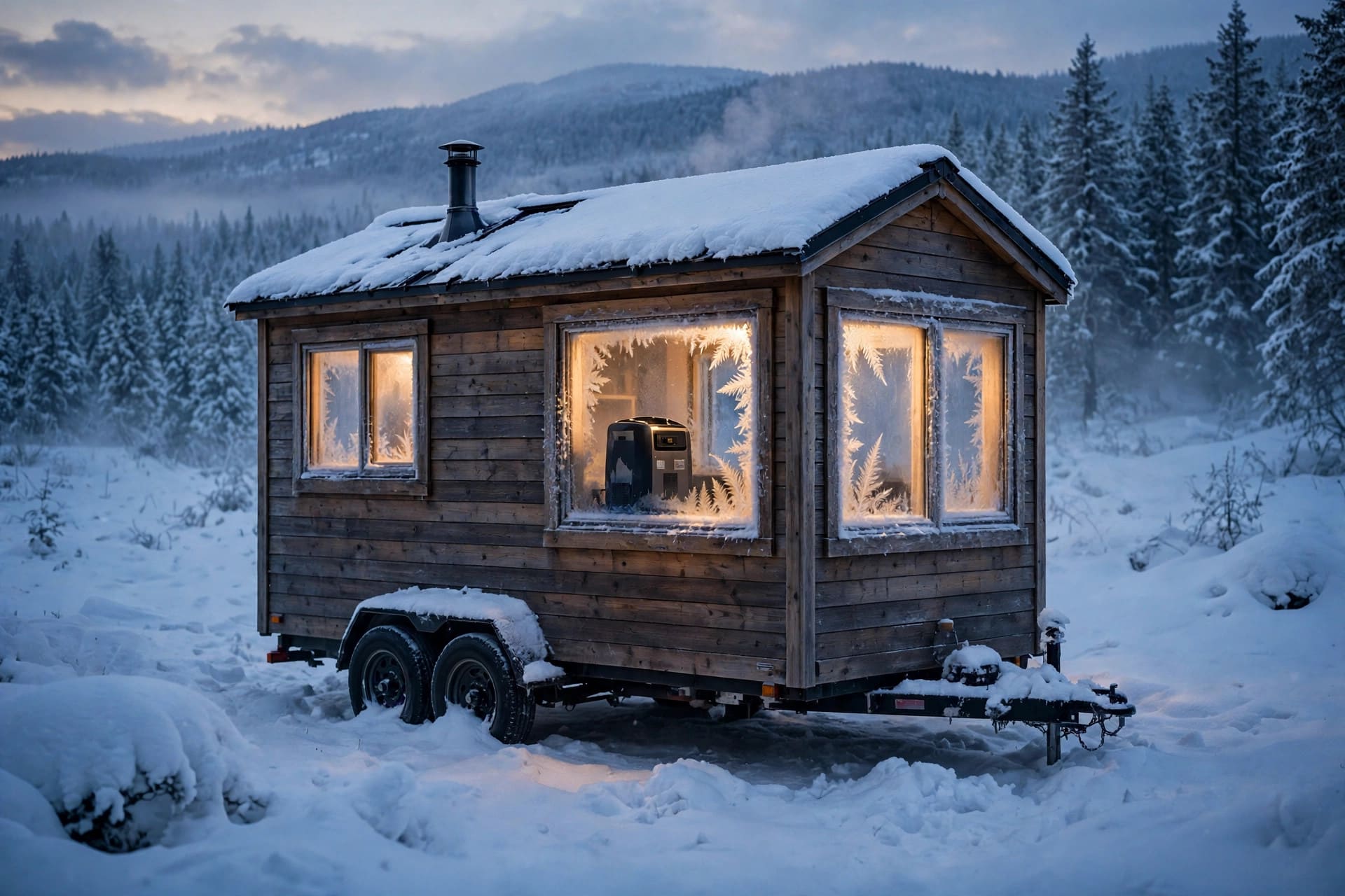 dehumidifier sizing: a tiny house in snow at dusk with frost-edged windows